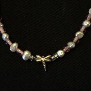 Pink and white crystal beaded dragonfly necklace